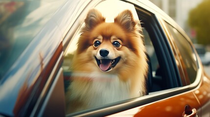 A happy dog enjoying a car ride with its head out of the window