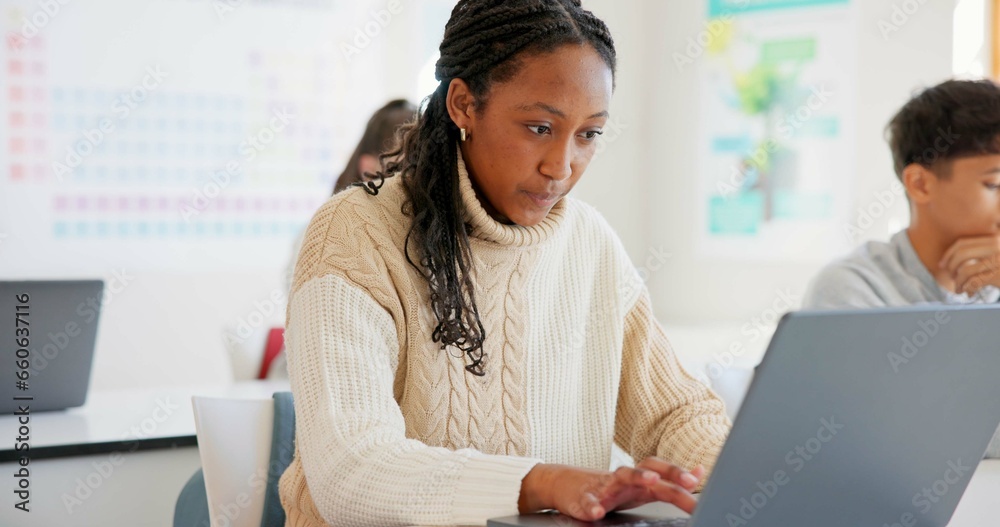 Aufkleber girl, students and laptop in a classroom, knowledge and creativity with connection, typing and learn