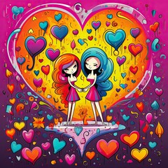 two girls colorful valentine's day cartoon illustration with hearts. Valentine's day concept