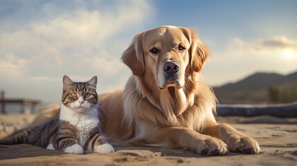 A dog and a cat enjoying a peaceful day at the beach