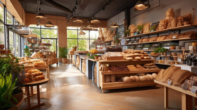 Eco-Friendly Vegan Grocery and Bakery. Organic Store with Healthy Bread, Buns, and Snacks for a Sustainable Lifestyle