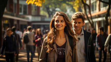 Naklejka premium Students walk together on a modern college campus, symbolizing their educational adventure. 