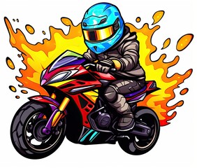  a person riding a motorcycle on a track with flames behind them.  generative ai