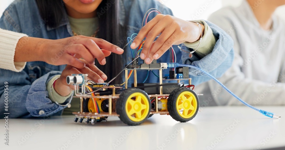 Poster Technology, closeup and car robotics of students in classroom, education or learning electronics with cables and wire for innovation. School kids, learners and knowledge in science class for research