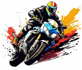  a person riding a motorcycle on a colorful background of paint splatters.  generative ai