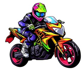  a person riding a motorcycle on a white background in a colorful graphic style.  generative ai