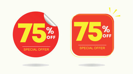 75% off. Tag special offer, campaign sales, sticker. Advertising, promo, discount, shop, retail, store. Icon, vector. Poster seventy five percent off price, value.