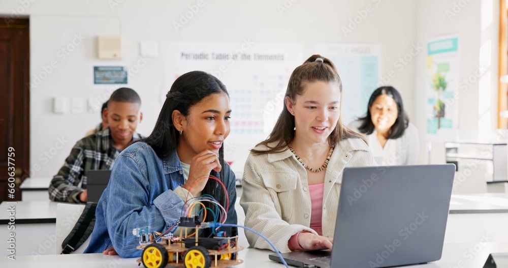 Aufkleber Robotics, education and children with laptop at school learning coding, robot or car toy. Girl students in classroom for technology, electronics or science for development, innovation or teamwork