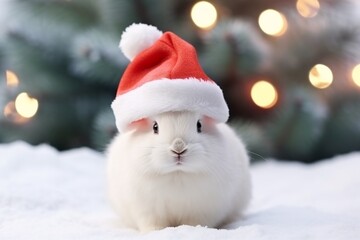 Cute little white rabbit with red Santa Claus hat on snowy background. Cute white rabbit with red santa hat on christmas background