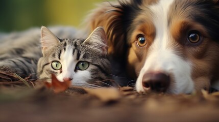 A dog and a cat peacefully coexisting together