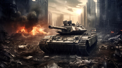 Armored tank crosses war-torn city,generative ai