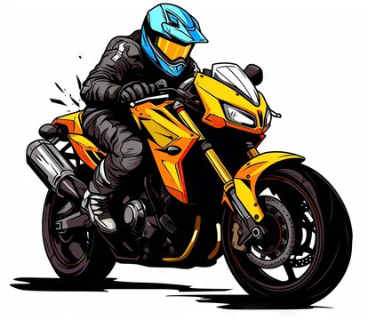  a man riding a yellow motorcycle on top of a white background.  generative ai