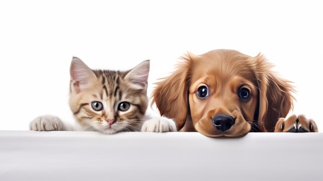 A cat and a dog sitting side by side on a white surface