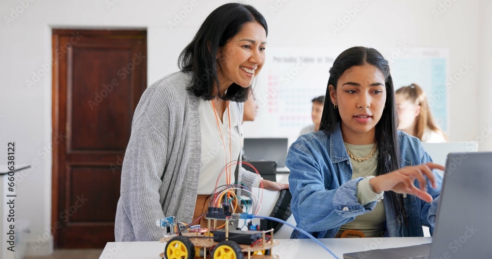 Poster technology, car robotics and student on laptop, teacher and help with project in classroom, educatio