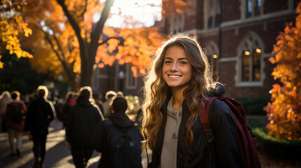 College life: A girl explores her educational path. Student experience, modern campus.
