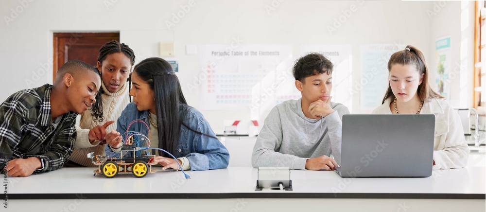 Fototapete Robotics, education and student group at school learning future coding, programming or laptop. Children in a class for tech, electronics or science discussion as development, innovation or teamwork