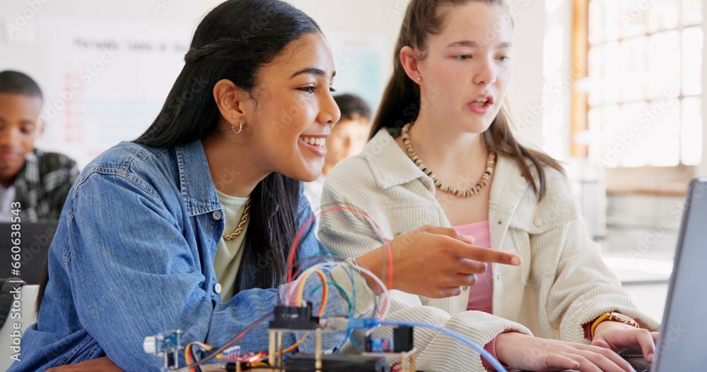 Leinwandbilder Robotics, children and education with laptop at school learning coding, robot or programming. Girl students in classroom for technology, electronics or science for development, innovation or teamwork