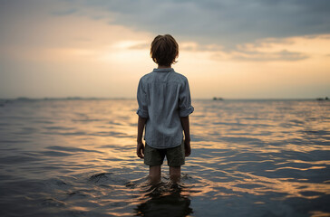 a boy stands in the water against the background of the sea, generative ai  - obrazy, fototapety, plakaty