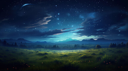 Fototapeta premium a peaceful open field, Dark night filled with stars, generative ai 