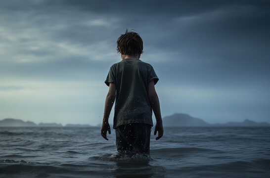 a boy stands in the water against the background of the sea, generative ai 