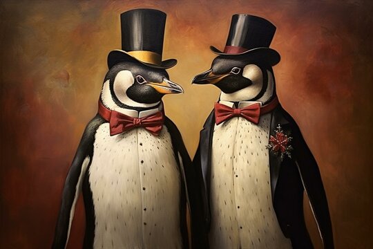 Affectionate pair of dapper penguins. Artwork. Generative AI