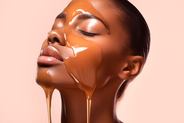 Honey pouring down and dripping on beautiful young black woman;s face. Skin body care. Spa wellness concept - obrazy, fototapety, plakaty