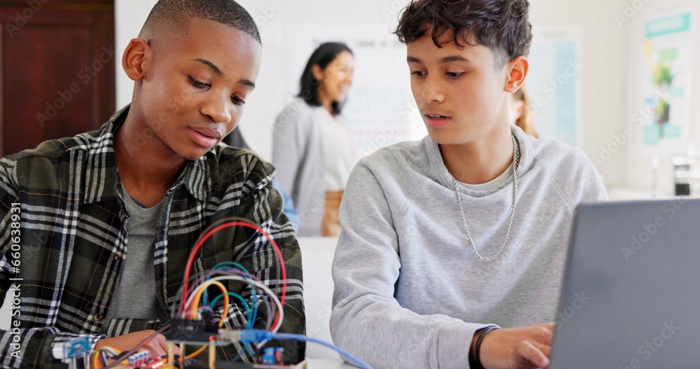 Fototapete Robotics, education and students with laptop at school learning coding, future or programming. Teenager children in class for technology, electronics or science as development, innovation or teamwork