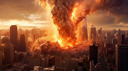 Explosion in a city with tall buildings in war.