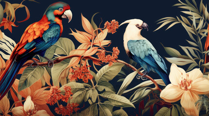 Fototapeta premium Tropical Wallpaper: Birds and Plants Background