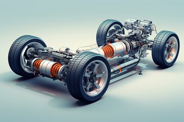 Illustration of electric vehicle motor on chassis. Generative AI - obrazy, fototapety, plakaty
