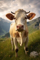 Fototapeta na wymiar cow standing in a grassy area that is surrounded by mountains, generative ai 