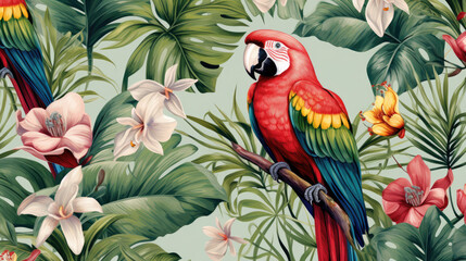 Tropical Wallpaper: Birds and Plants Background - obrazy, fototapety, plakaty