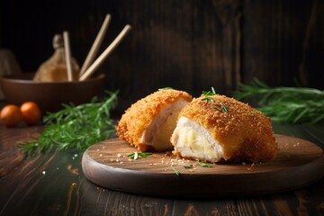 Delicious chicken kiev without skin on rustic board. Generative AI