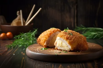 Peel and stick wall murals Kiev Delicious chicken kiev without skin on rustic board. Generative AI