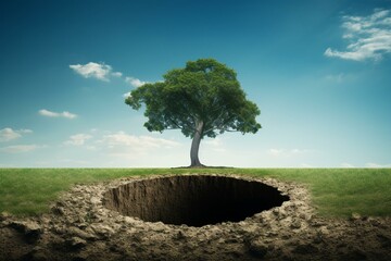 A hole and a tree represent responsible land use in the regenerative agriculture concept. Generative AI - obrazy, fototapety, plakaty