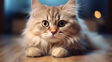 A cute fluffy cat relaxing on a cozy wooden floor