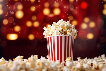 popcorn in the red white bucket, bokeh background, generative ai 