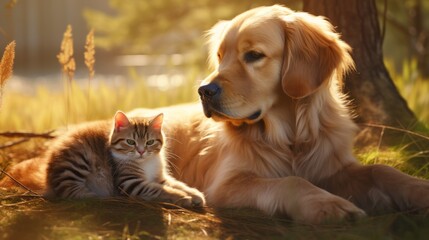 A dog and a cat relaxing together in the green grass