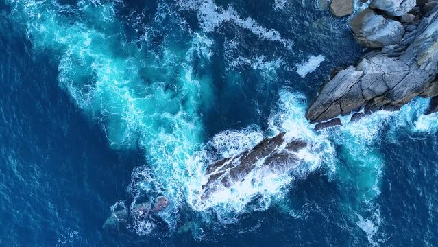 Aerial view from a drone of the landscape in Cala e Isla Cotonera in the town of Islares. Castro Municipality. Cantabrian Sea. Cantabria. Spain. Europe