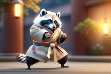raccoon fighting character training in chinese clothes - obrazy, fototapety, plakaty