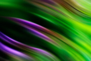 Farbverlaufswelle. Verschwommener Hintergrund. Fliesende bunte Lichtlinien in Lila und grün Farben. Abstraktes Design