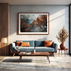 Modern interior of the room in autumn colors and style. An empty cozy, spacious, bright design room.