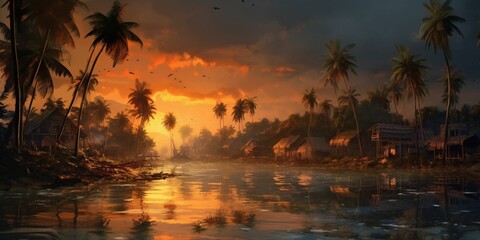 Fototapeta na wymiar Beautiful Landscape of Village with with Coconut Tress at Sunset
