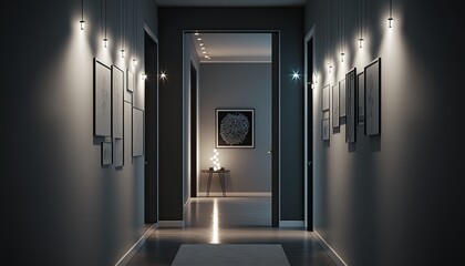 Minimalistic hallway interior at night with strings of light