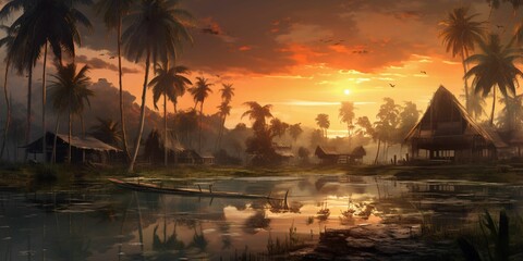 Fototapeta na wymiar Beautiful Landscape of Village with with Coconut Tress at Sunset
