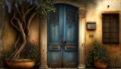 Mediterrean style greek blue color front door with clay wall and natural wood elements - obrazy, fototapety, plakaty