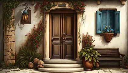 Fototapeta na wymiar Mediterrean style front door with clay wall and natural wood elements