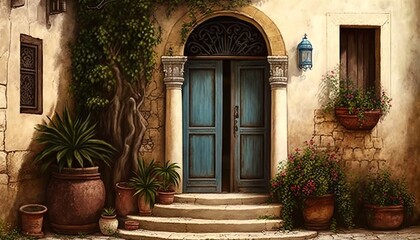 Fototapeta na wymiar Mediterrean style greek blue color front door with clay wall and natural wood elements