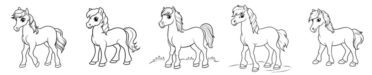 Cute horse, simple thick lines kids and preschool children cartoon coloring book pages. Generative AI