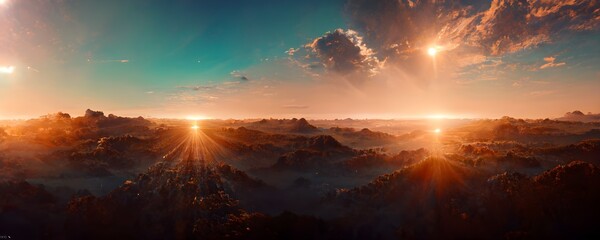 incredible realistic sunset clear sky awsome energy 8k octane render panoramic natural skyline high detailed antialis 4x4 iper realistic 8K  - obrazy, fototapety, plakaty